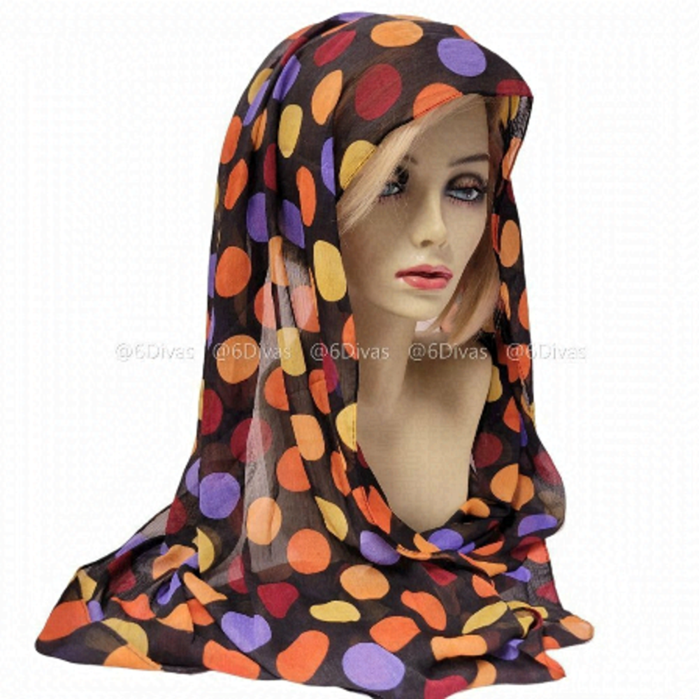 Multicolor Large Polka Dots on Black Background Fashion Scarf